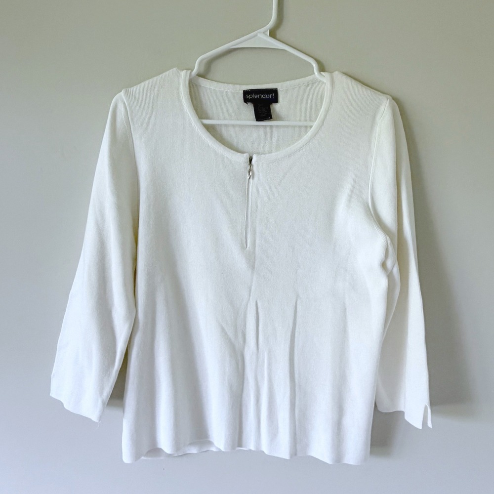 Splendor White 100% Cotton Quarter Zip‎ Knit Sweater Womens XL 3/4 Sleeve Top